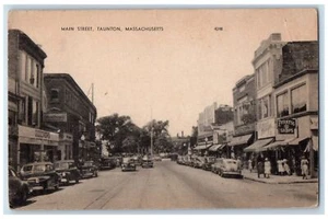1949 Main Street View Classic Cars Establishments Sidewalk Taunton MA Postcard - Picture 1 of 2