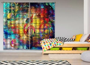 3D Watercolor Musical Notes RAING241 Window Photo Curtain Fabric Quality Honey - Picture 1 of 8