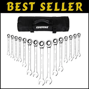 Durable 15-Piece SAE Ratchet Wrench Set - Polished Chrome Finish with Organizer - Picture 1 of 10