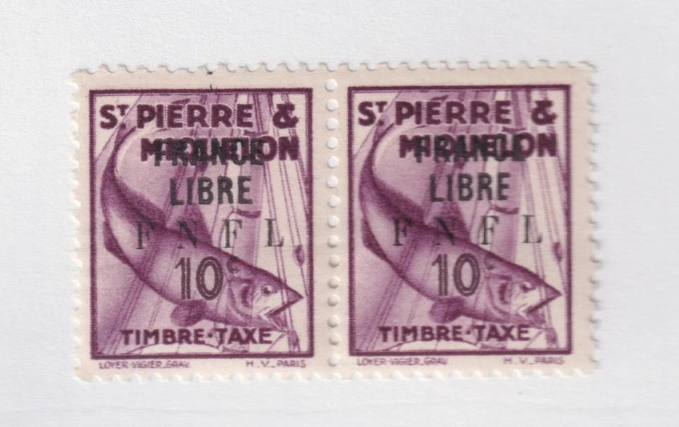 St PIERRE & MIQUELON #J59 pair BROKEN E VARIETY overprinted FRANCE LIBRE FAFL - Image 1 of 1
