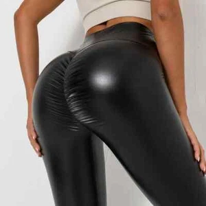 Leggings de cuero PU para mujeres Sexy Leggings fruncidos en el trasero Niñas Imitación Cuero Pantalón - Imagen 1 de 30