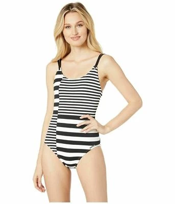 Traje de baño Michael Kors negro/blanco a rayas con tiras de una pieza para mujer talla 8 L1747 Foto 1 de 2