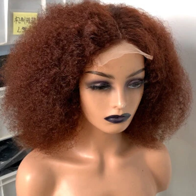 Peluca de cabello humano afro rizado marrón 4x4 peluca frontal de encaje Foto 1 de 4