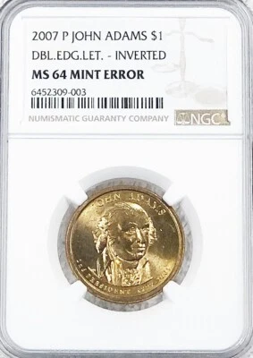 john adams One dollar Coin 2007 MS64 Mint Error Double Edged Lettering Invert - Image 1 of 4