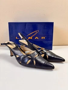 Lunar UK 7.5 Florence Navy Leather Slingback Pointed Heels Court Shoes Used - Picture 1 of 9