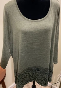 One World Live&Let Live 3/4 Slv Olive Green Print Bottom Trim Tunic Top Size 2X - Picture 1 of 13