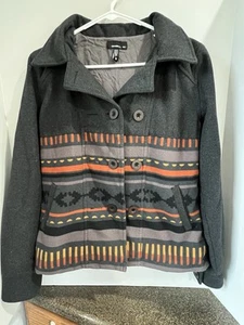 Oneill Jacket Womens Medium Gray Orange Aztec Button Hooded western chic - Picture 1 of 11