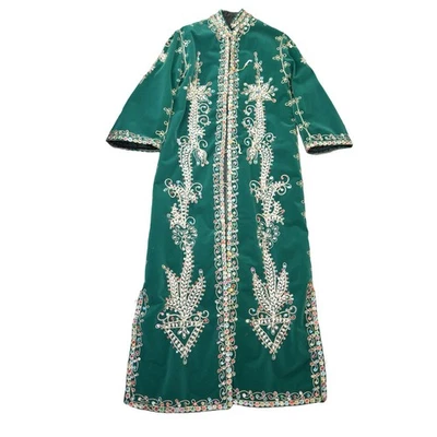 RARO VINTAGE 1960s Veludo Verde Marroquino Kaftan Bordado Intrincado Lantejoulas Pérolas - Imagem 1 de 4