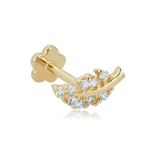 AVORA 14K Gold Cubic Zirconia CZ Sideways Leaf Cartilage Piercing Flat Back - Picture 1 of 9