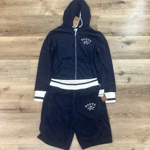 Felpa con cappuccio e pantaloncini Roots Cabin full zip nuovi con etichetta | Medium | blu set tessuto spugna - Foto 1 di 12