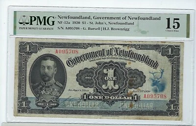 1920  Newfoundland,  NF-12a : $1 Note,  PMG VF-15 Rust  Tough A Issue  - Image 1 of 2