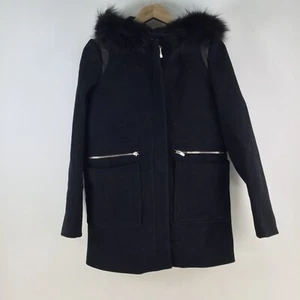 Maje womens wool cashmere coat 40 aus 12 black zip faux fur hood trim 105377 - Picture 1 of 9