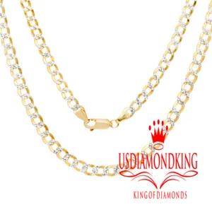10K Yellow & White Gold Pave Flat Miami Curb Cuban Link Chain Necklace 4.5mm New - Picture 1 of 9