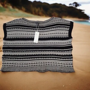 Eileen Fisher XS Cotton Cord Open Knit Lagenlook Boxy Minimal Black White New - Picture 1 of 22