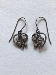 Vintage Sterling Silver Heart Bow Clear CZ Dangle Earrings - Picture 1 of 4