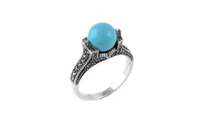 Solid 925 Sterling Silver Genuine Marcasite and Turquoise Ring - Sizes 6-9 - Picture 1 of 4