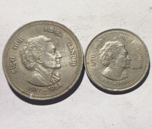 REPUBLIK INDIEN 5 Rupien & 50 Paise Indira Gandhi Kupfer-Nickel Münzen - 2 Münzen - Bild 1 von 3