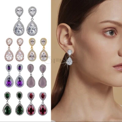 Teardrop Shaped Red Purple Gold Crystal 925 Sterling Silver Drop Dangle Earrings - Image 1 of 4