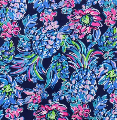 Tela de popelina de algodón Lilly Pulitzer marea alta azul marino piña paraíso 180" X 57" Foto 1 de 4