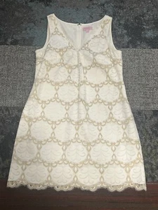 Lilly Pulitzer Nadine Resort White Lilly Pad Lace White Gold Shift Dress 8 - Picture 1 of 5