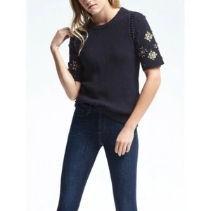 Banana Republic Sweater S Navy Blue Ribbed Knit Beaded Sequin Embellished Sleeve - Picture 1 of 7