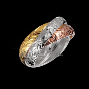 Hawaiian Ring Plumeria Maile Scroll Engraving 3 in 1 Sterling Silver Ring 3-TONE - Picture 1 of 2