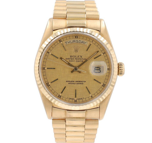 Rolex Mens Watch Day Date 18038 36mm Champagne Linen Dial Fluted President Band