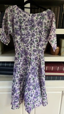Vintage 50s Purple Floral Print  Back Zip Taffeta Dress Size XS - Image 1 of 4
