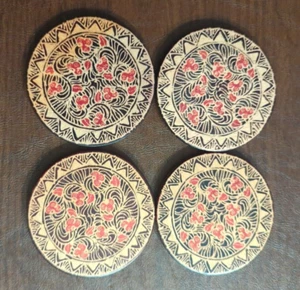 Vintage Set of 4 Folk Art Wood Coasters Hand Painted - Imagen 1 de 7