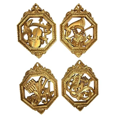 复古 Homco 金色墙面装饰悬挂 4 件套乐器 20 世纪 70 年代 — 第 1/4 张图片