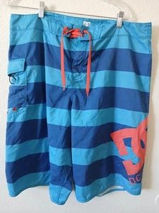 DC SHOES Shorts Men 38 Blue Orange Striped Hook & Loop Swim Trunks Board Beach - Picture 1 of 11