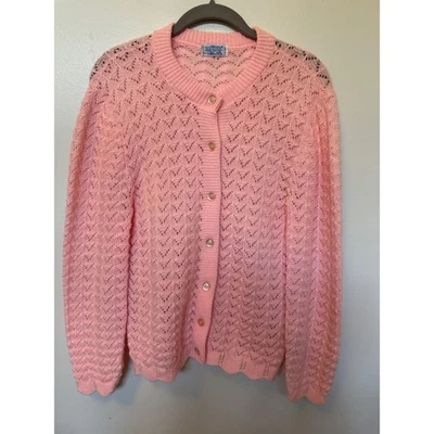 Vintage Pink Crochet Knit Cardigan round neck button up sweater size small - Image 1 of 4