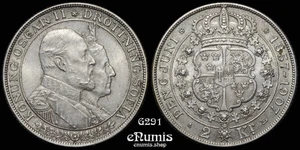 SWEDEN, Oscar II, 2 Kronor 1907, Golden Wedding Anniversary, UNC - Picture 1 of 6