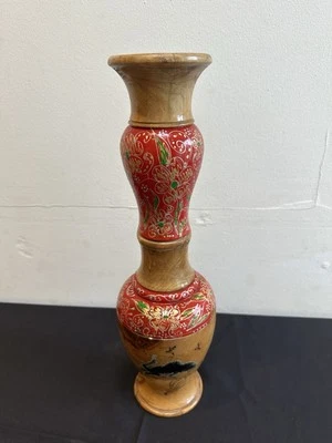 Vintage Tall Hand Crafted Indian Wooden Flower Vase Red Floral Lacquer Art Deco - Image 1 of 4