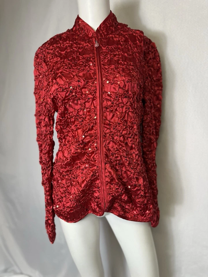 MSK Women’s Red Satin Sequin Quilt Crinkle Zipper Long Sleeve Jacket Size Large - Image 1 of 4