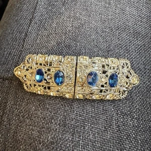 Vintage Art Deco Pat Pend Blue & Clear Rhinestones Silver-Tone Brooch - Picture 1 of 10