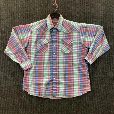 Vintage Panhandle Slim Shirt Mens 17.5 33 Plaid Western Pearl Snap Made USA 80s - Image 1 of 4