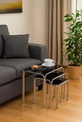 Set Of 3 Rectangle Nesting Tables with Black Glass Chrome Legs- GNT01B - Image 1 of 4