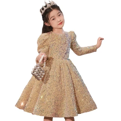 Flower Girl Wedding Birthday Dress Golden Sequin Lace Gown Baptism Party Vestido - Image 1 of 4