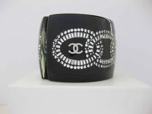 $1875 Chanel AUTH Crystal Chain Link CC Logo Resin 2.1" Cuff Bangle + Box 11P - Picture 1 of 17