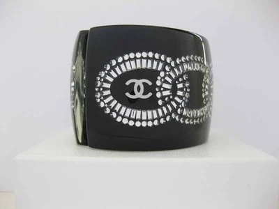 $1875 Chanel AUTH Crystal Chain Link CC Logo Resin 2.1" Cuff Bangle + Box 11P - Image 1 of 4