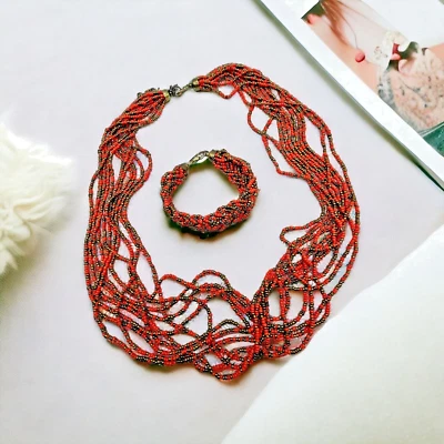 Elegante Conjunto de Pulsera Collar Boho Naranja Tono Latón Cuentas de Vidrio Seadro Cuentas Trenza Foto 1 de 4