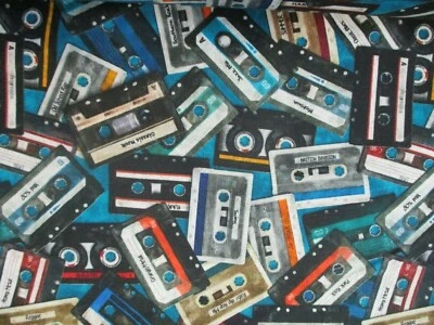 CASSETTES CD CDS TAPES COMPACT CASSETTES MUSIC TEAL DIGITAL COTTON FABRIC FQ - Image 1 of 4
