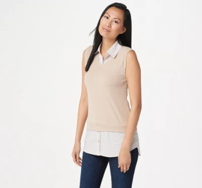 Kathleen Kirkwood 1X 骆驼罗纹背心条纹领衬衫尾部上衣 — 第 1/4 张图片