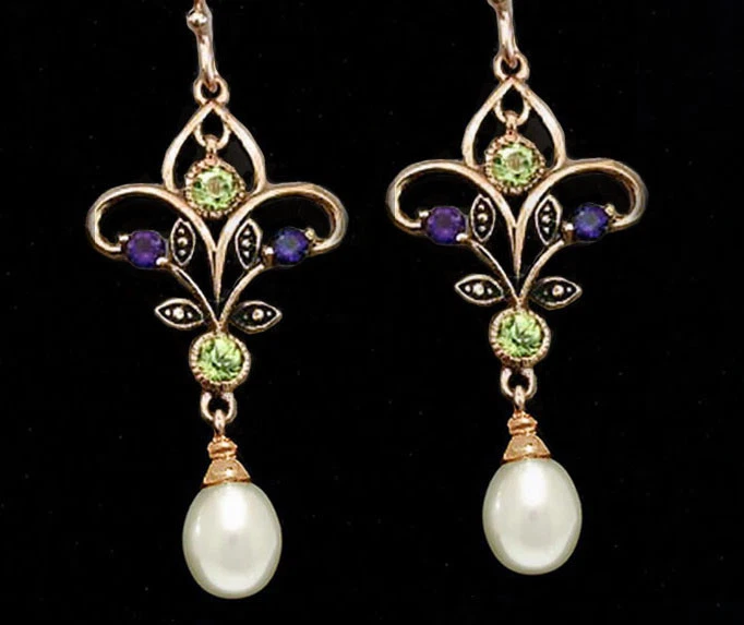 9ct Rose Gold Natural Peridot & Amethyst Chandelier Pearl Suffragette Earrings - Image 1 of 1