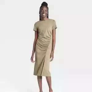 A New Day-Womens Side Ruched Dress SHORT SLEEVE MIDI OLIVE GREEN SIZE XL - Picture 1 of 3