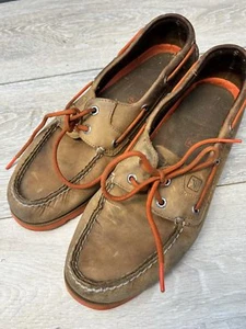 Mens 10 M Sperry Top Sider Tan Brown Leather Orange Sole Boat Shoes 0773804 - Picture 1 of 4