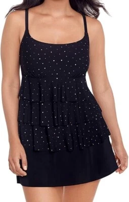 Traje de baño largo con faldas en capas 1 pieza con control de barriga talla 10 negro y dorado Foto 1 de 4