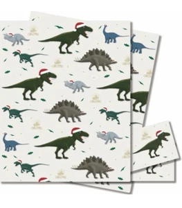 2 x Sheets Christmas Dinosaur  Wrapping Paper  70x50cm Dinosaur Gift Wrap & Tags - Picture 1 of 3