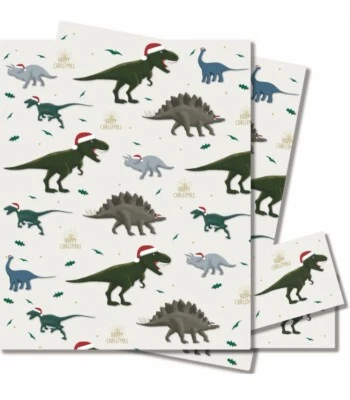 2 x Sheets Christmas Dinosaur  Wrapping Paper  70x50cm Dinosaur Gift Wrap & Tags - Image 1 of 3